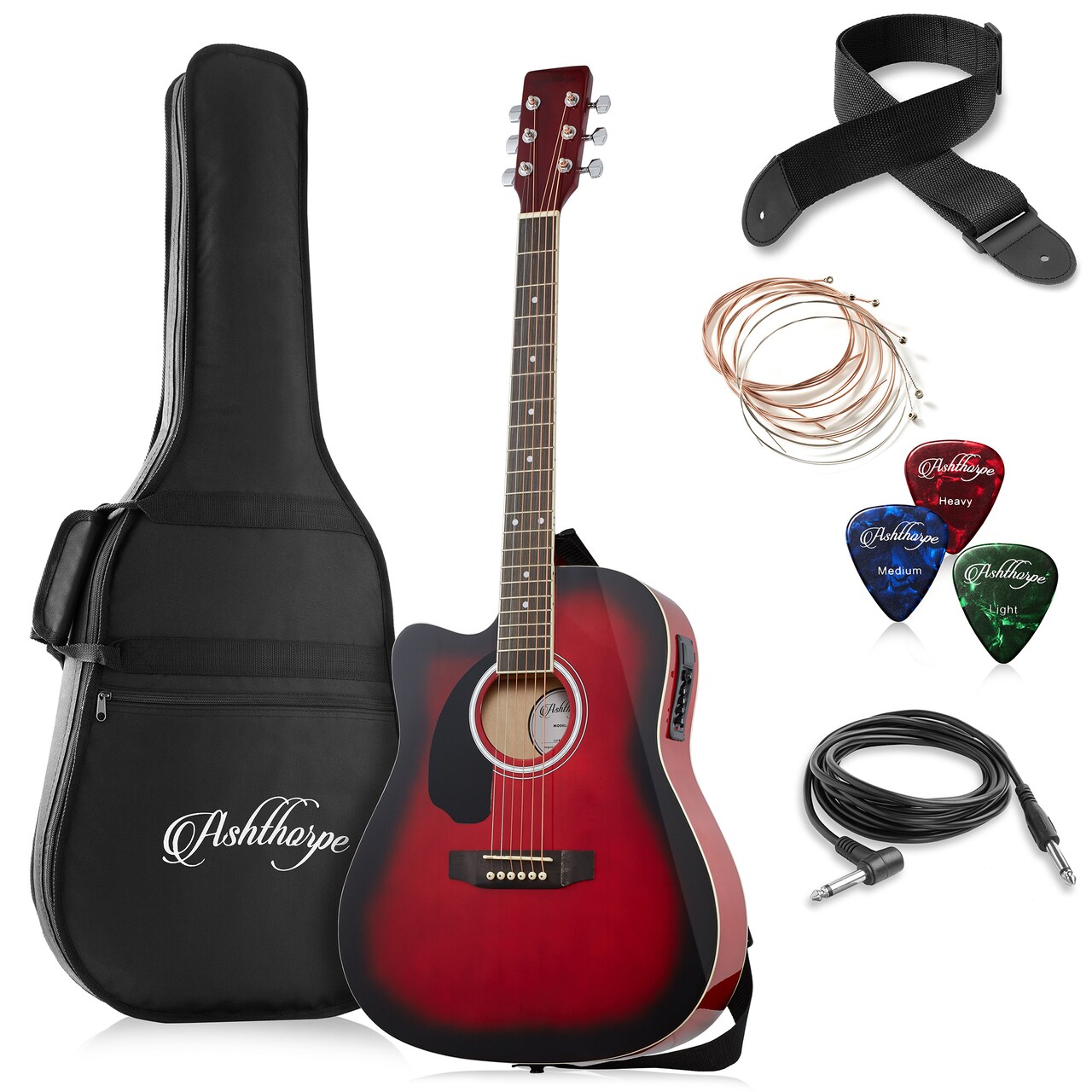 Ashthorpe Full-Size Left-Handed Dreadnought Cutaway Acoustic-Electric Guitar Bundle - Premium Tonewoods